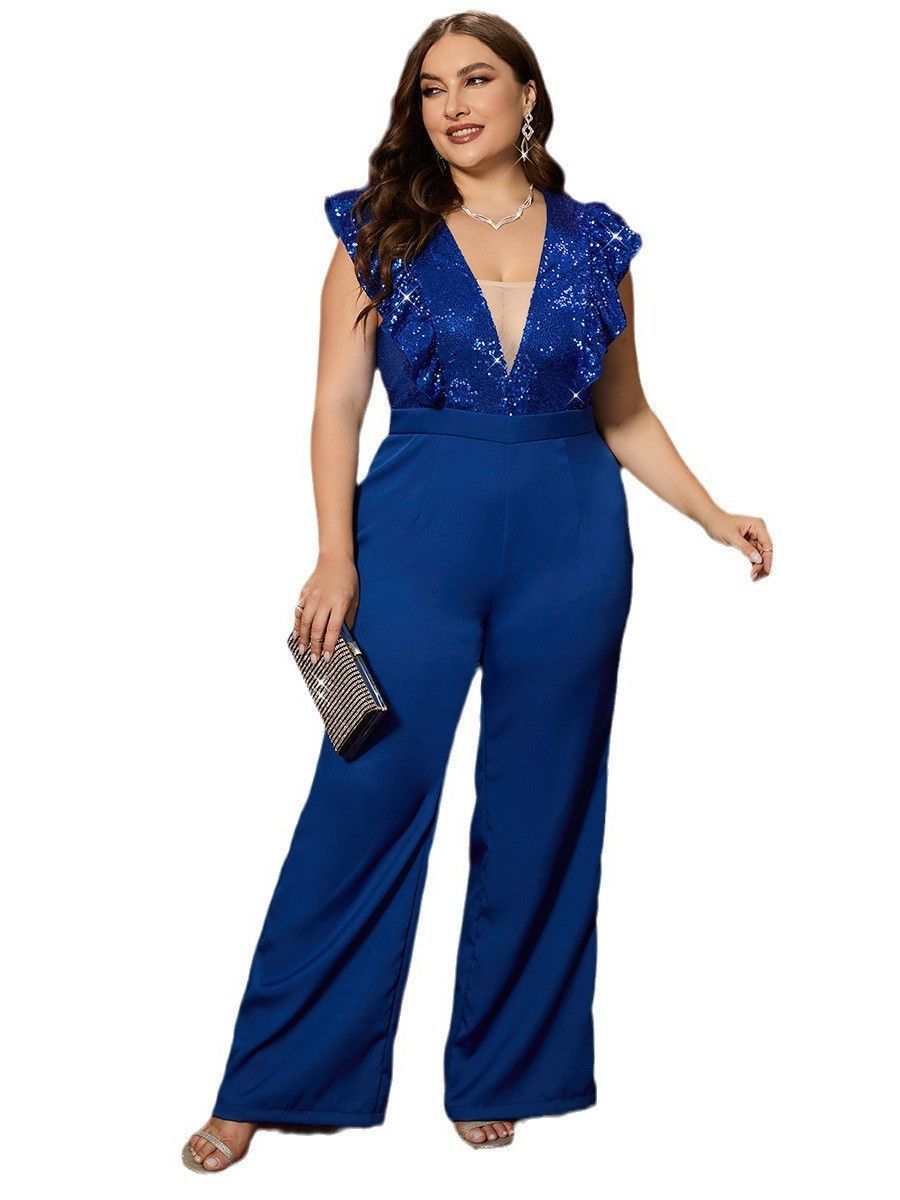 BamBam Plus Size Women's Ruffled Sleeves Sequined Patchwork Wide Leg Fashion Jumpsuit - BamBam Clothing