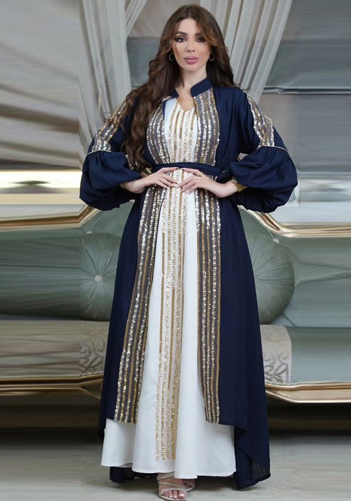 Muslim Fashion Ladies Sequin Embroidered Two-Piece Puff Sleeve Robe Dress