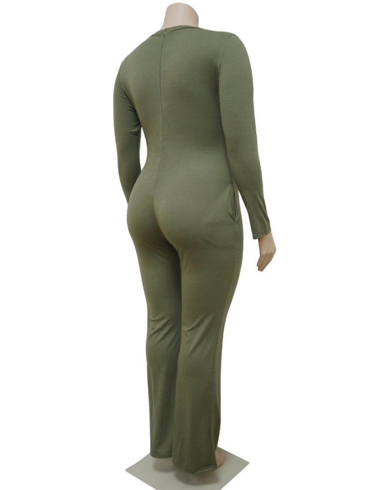 BamBam Spring Plus Size Casual Green V Neck Pockets Long Sleeve Jumpsuit - BamBam Clothing