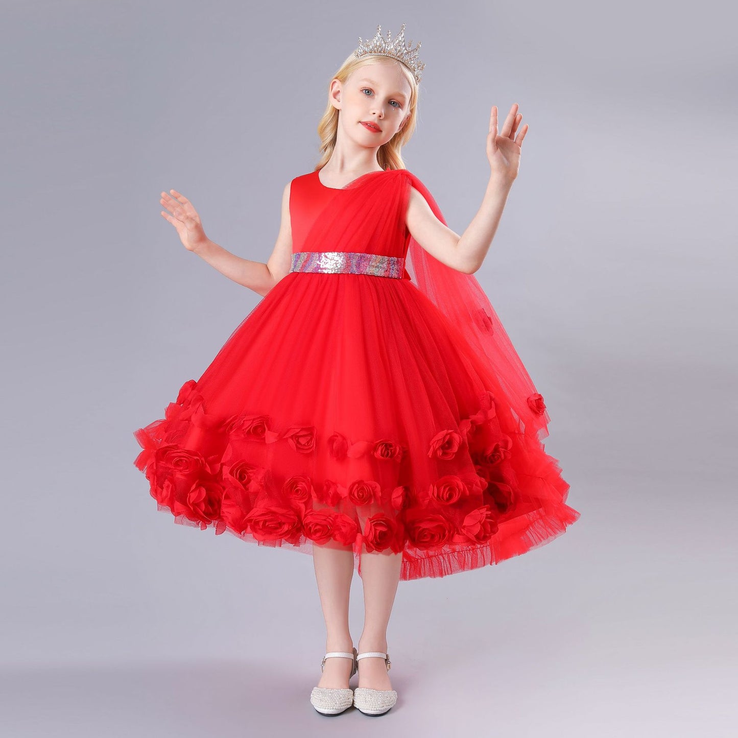 BamBam Summer Girls Evening Dress Children's Clothing Trendy Princess Dress Performance Dress Fluffy Rose Dress - BamBam