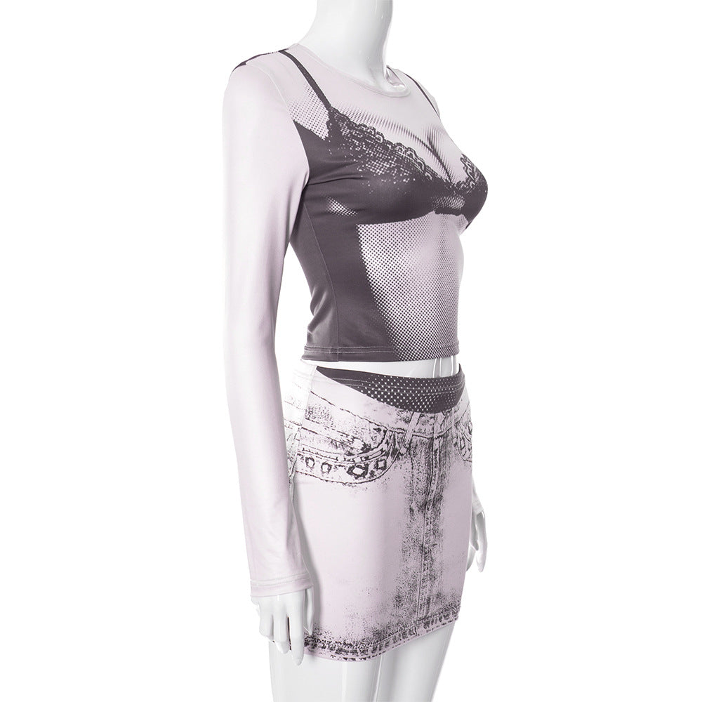 BamBam Women Autumn Casual Body Print Round Neck Long Sleeve Top And Mini Skirt Two-piece Set - BamBam