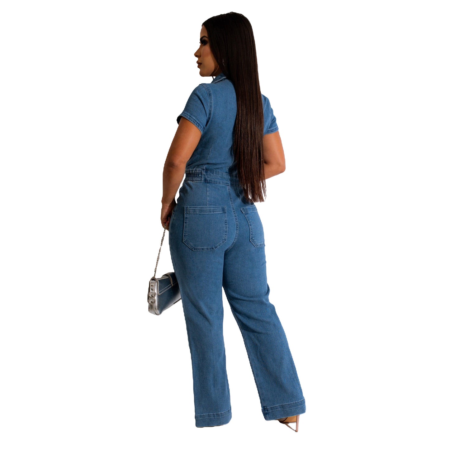 BamBam Sexy Fashion Denim Short Sleeve Wide Leg Jumpsuit - BamBam Clothing