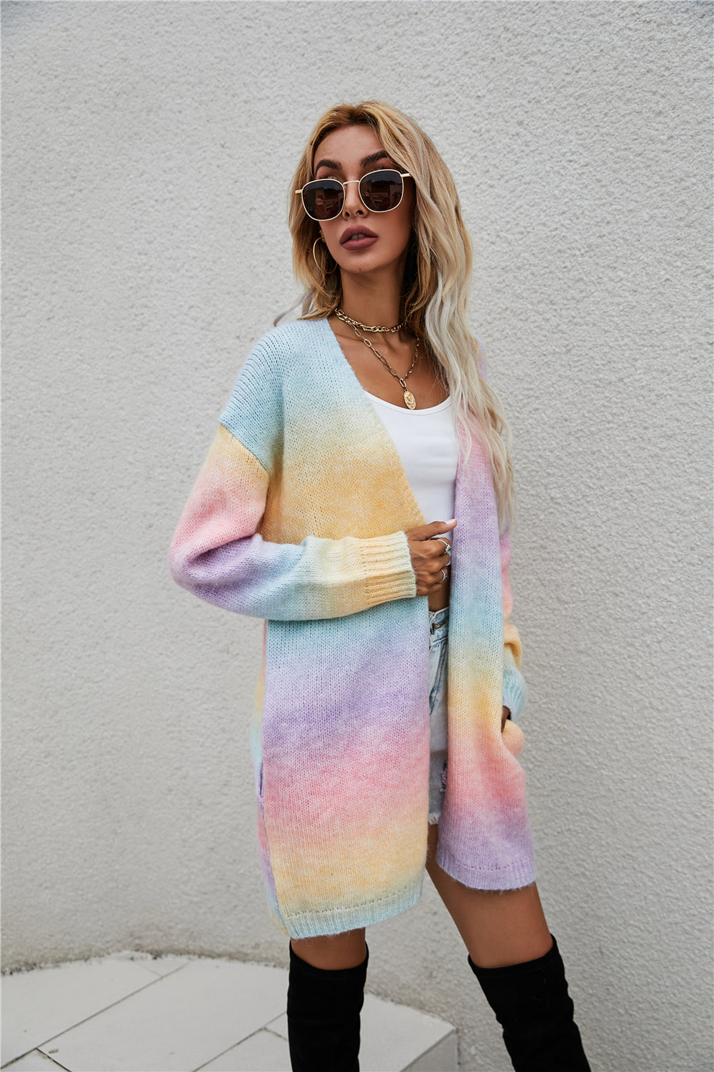 BamBam Winter Sweater Rainbow Tie Dye Plus Size Cardigan Women's Knitting Shirt Jacket - BamBam