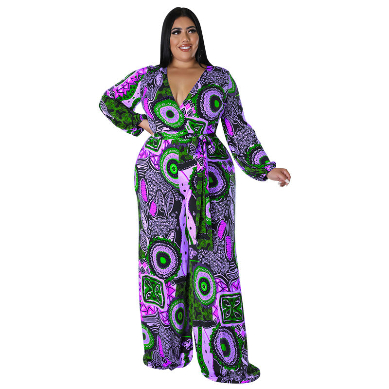 BamBam Plus Size Women Fall Print Long Sleeve Jumpsuit - BamBam Clothing