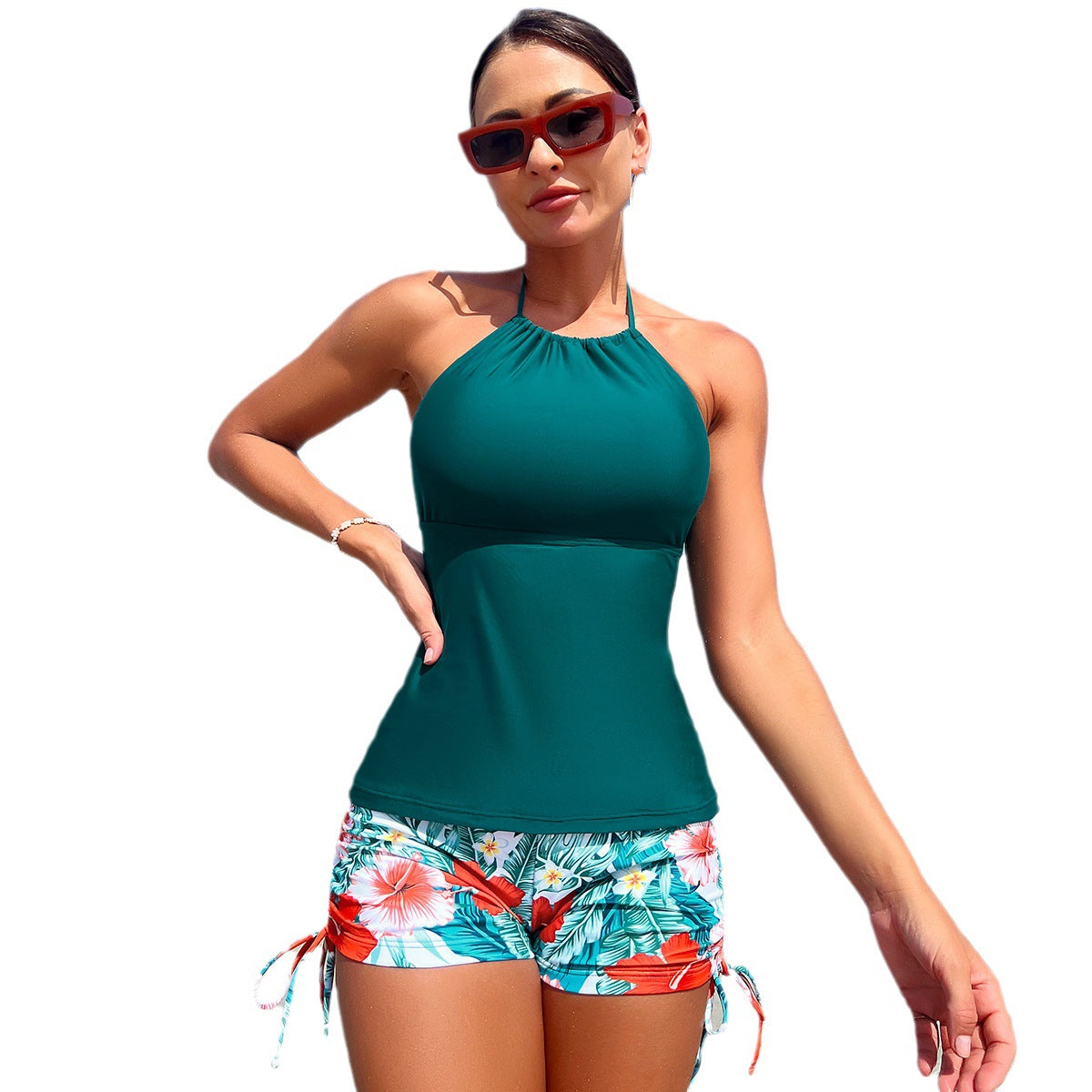 BamBam Floral Lace-Up Boxer Shorts Low Back Sexy Top Two Piece Swimsuit For Women - BamBam