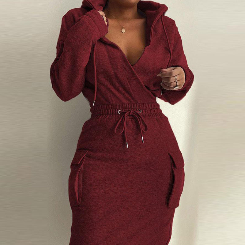 BamBam Women Solid Long Sleeve V Neck Top and Drawstring Skirt Two-piece Set - BamBam