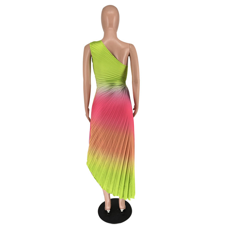 BamBam Women's Fashion Gradient Printed One Shoulder Pleated Maxi Dress - BamBam