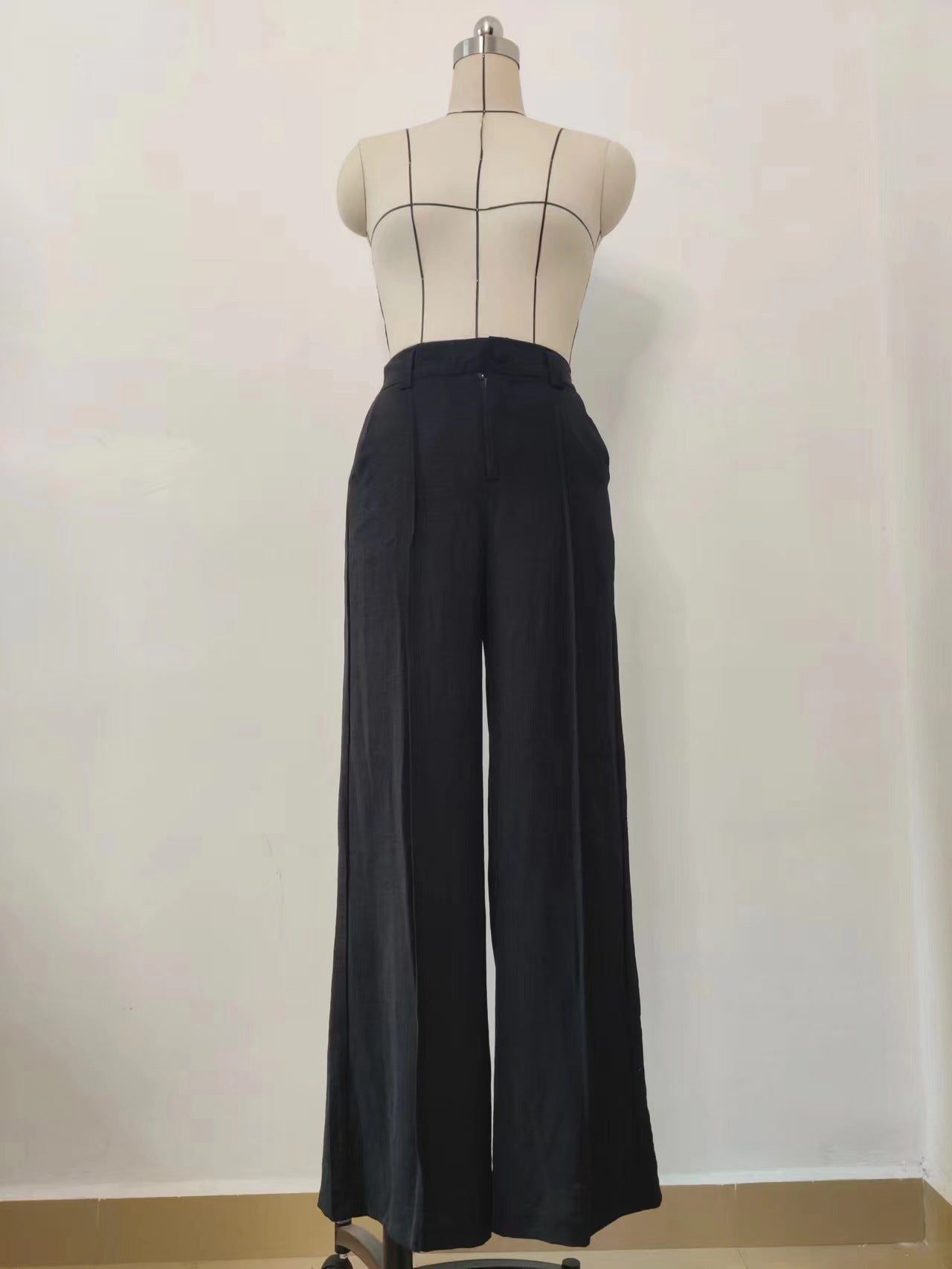 BamBam Women Casual Thin Solid Loose Pleated Wide Leg Pants - BamBam