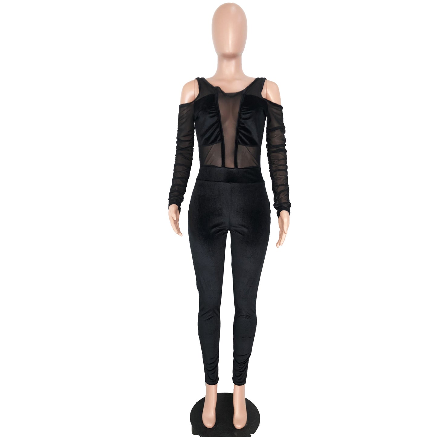 BamBam Sexy Mesh Velvet Patchwork Jumpsuit - BamBam Clothing