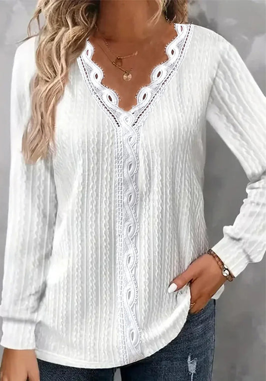 Autumn Solid Color Long Sleeve V-Neck Lace Patchwork Shirt For Women