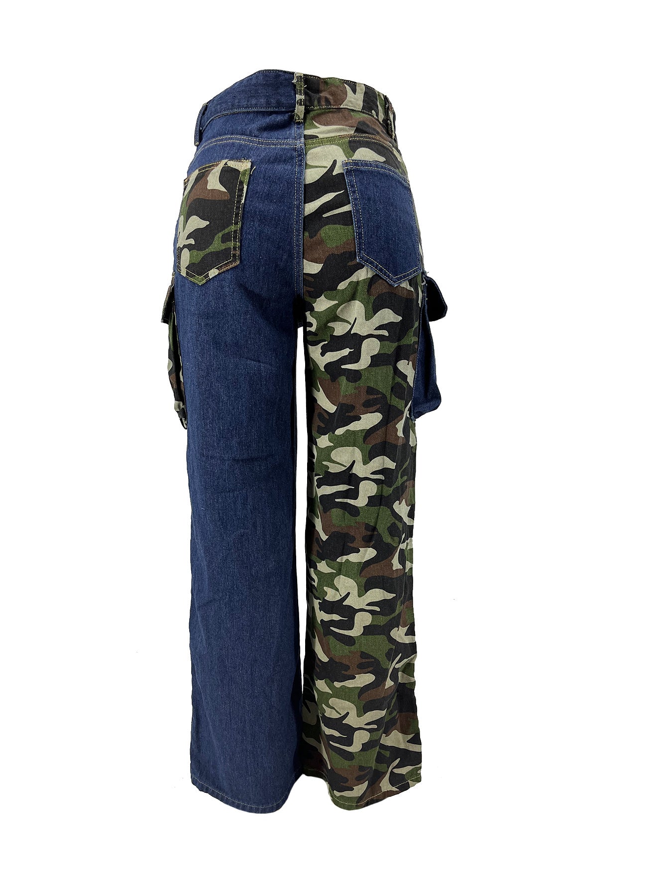 BamBam Women Denim Patchwork Camo Pocket Cargo Pants - BamBam