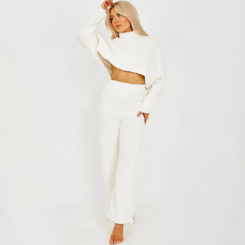 BamBam Women Casual Lounge Clothes Loose Sherpa Long Sleeve Top and Pant Two-piece Set - BamBam