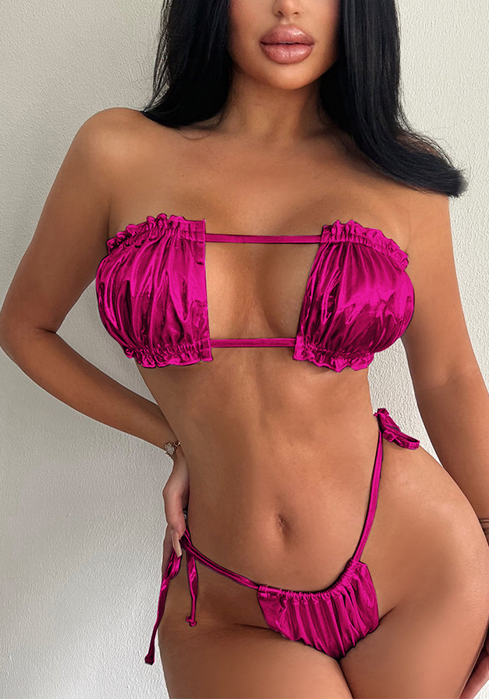 Women Lace-Up Ruched Backless Bikini Swimsuit