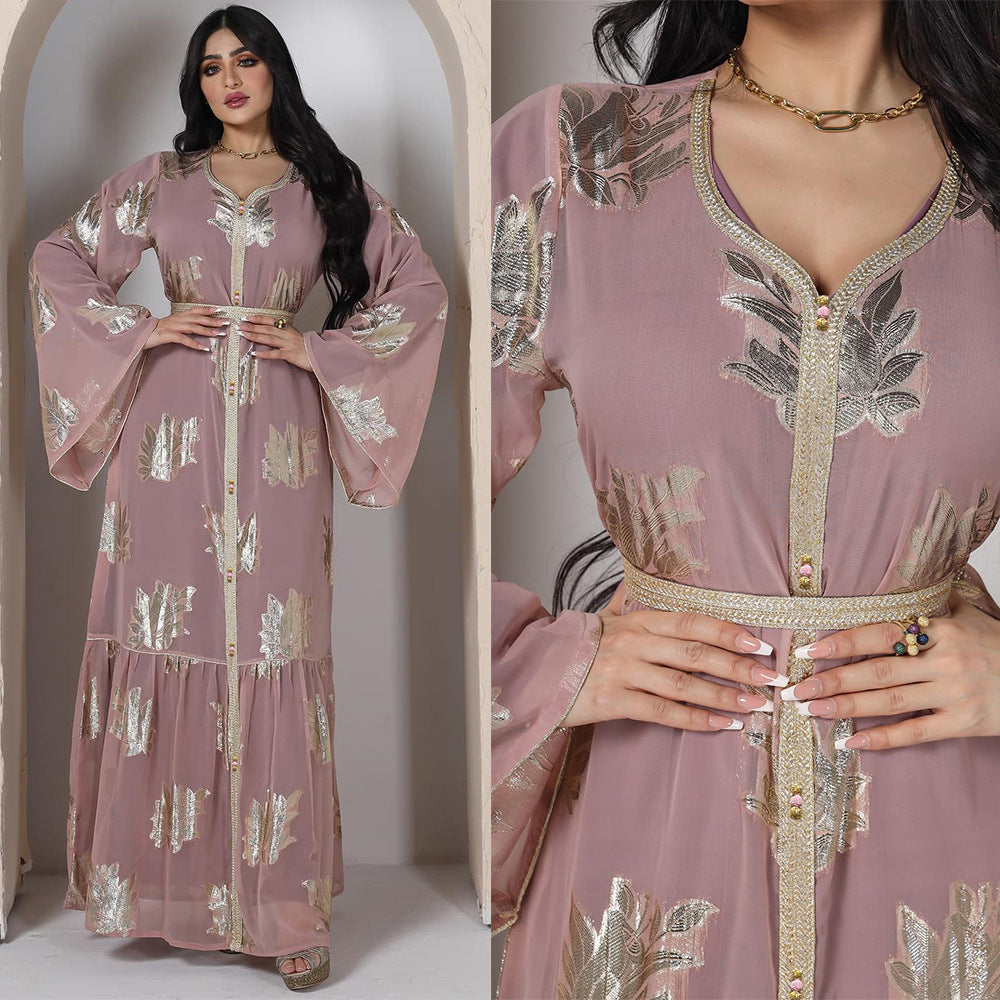 Plus Size Women Shiny Chiffon Long Sleeve Muslim Robe