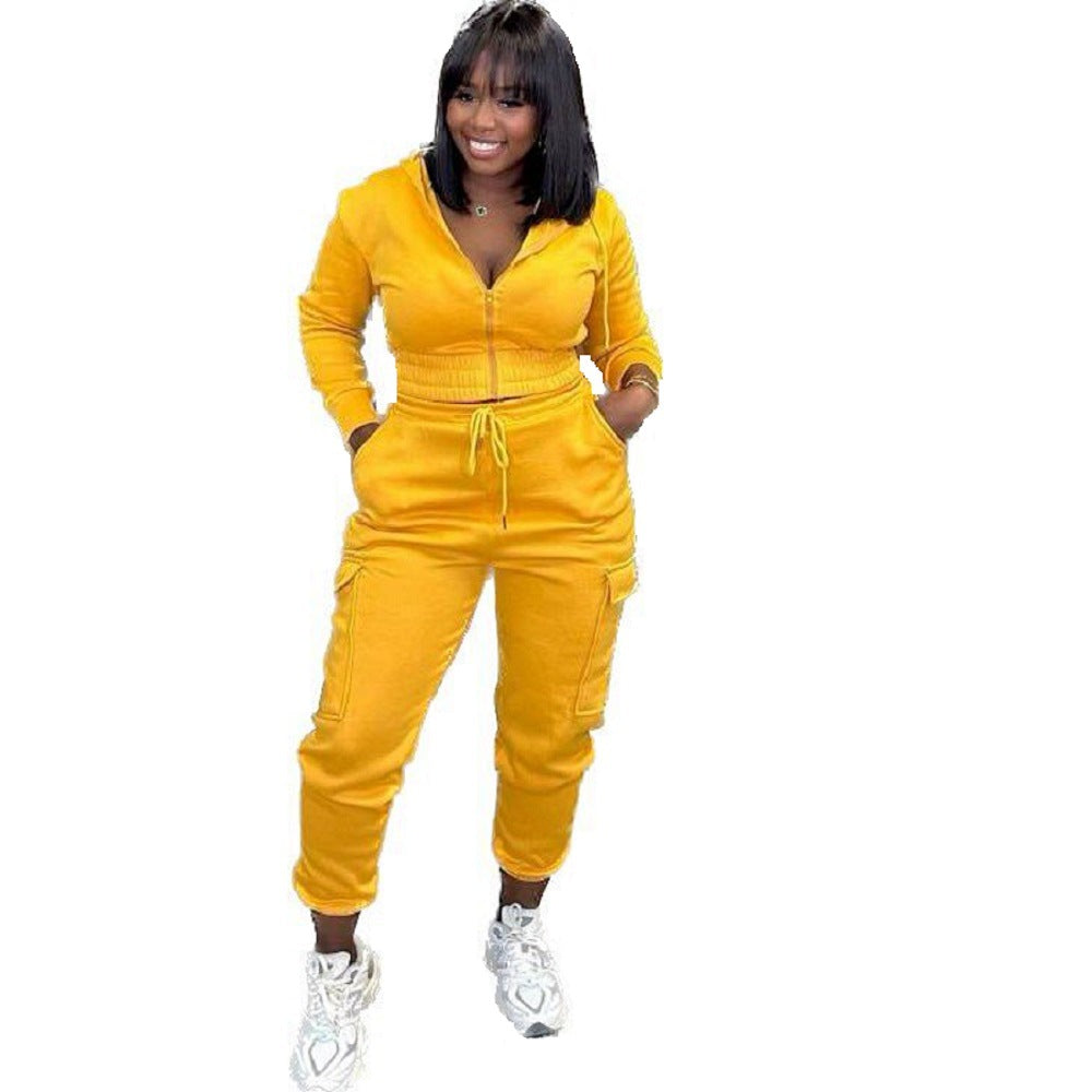 BamBam Autumn and winter Women fleece Hoodies and pocket trousers Solid two-piece set - BamBam