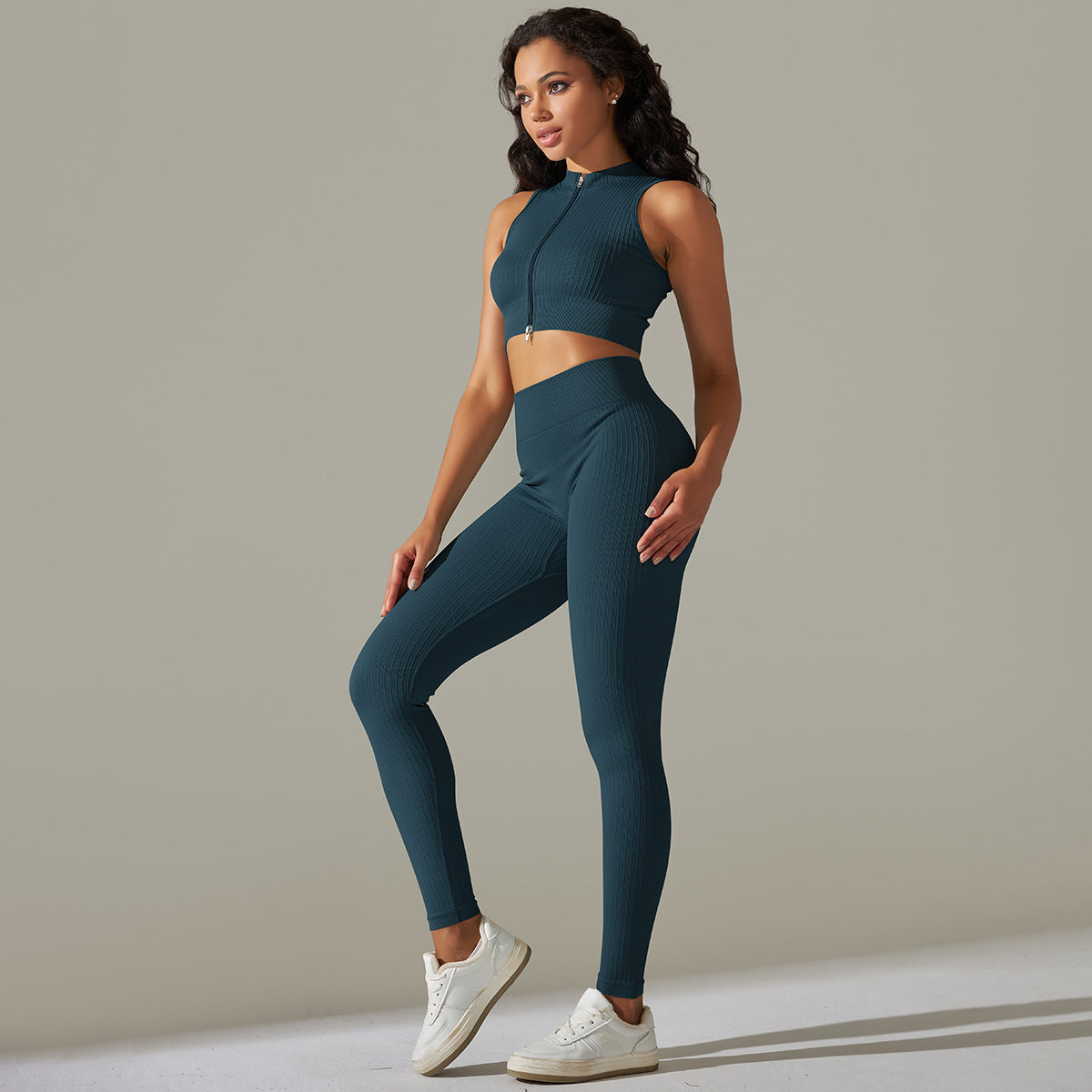 BamBam Seamless Knitting Ribbed Zipper Sports Yoga Clothing Six-Piece Running Fitness Clothing Set - BamBam