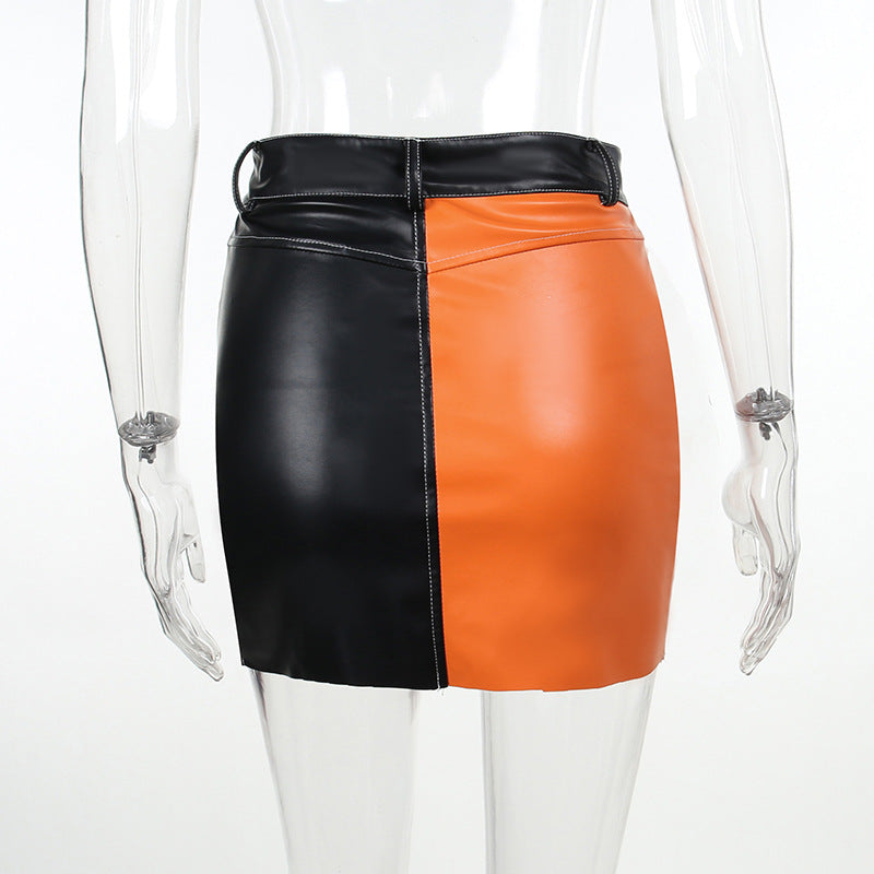 BamBam Zipper Contrast Color Summer Sexy Bodycon Short Leather Skirt For Women - BamBam