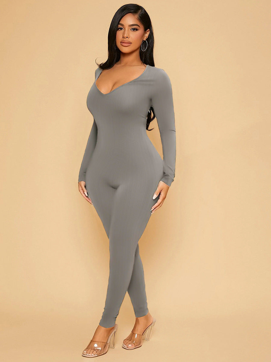 BamBam Plus Plus Size Jumpsuit Solid Slim Chic Sexy V-Neck Women's Jumpsuit - BamBam Clothing