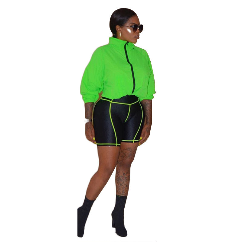 BamBam Fashion Ladies Summer Contrast Color Patchwork Long Sleeve Shorts Tracksuit - BamBam
