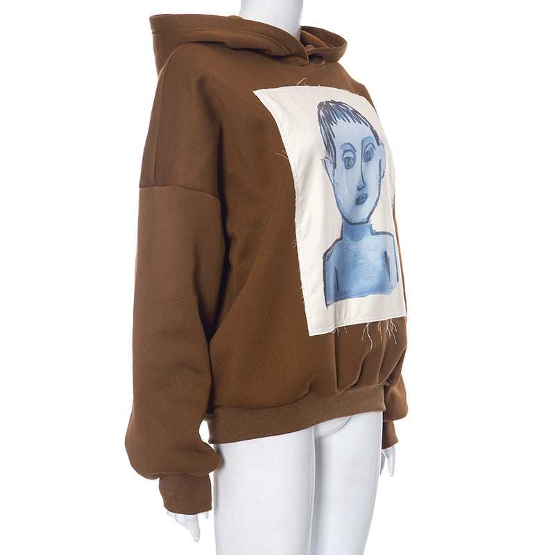 BamBam Women's Autumn and Winter Portrait Printed Appliqué Hooded Long Sleeve Hoodies Top - BamBam