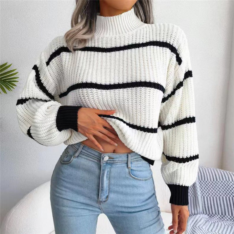 BamBam Autumn And Winter Casual Striped Lantern Sleeve Half Turtleneck Knitting Pullover Sweater For Women - BamBam