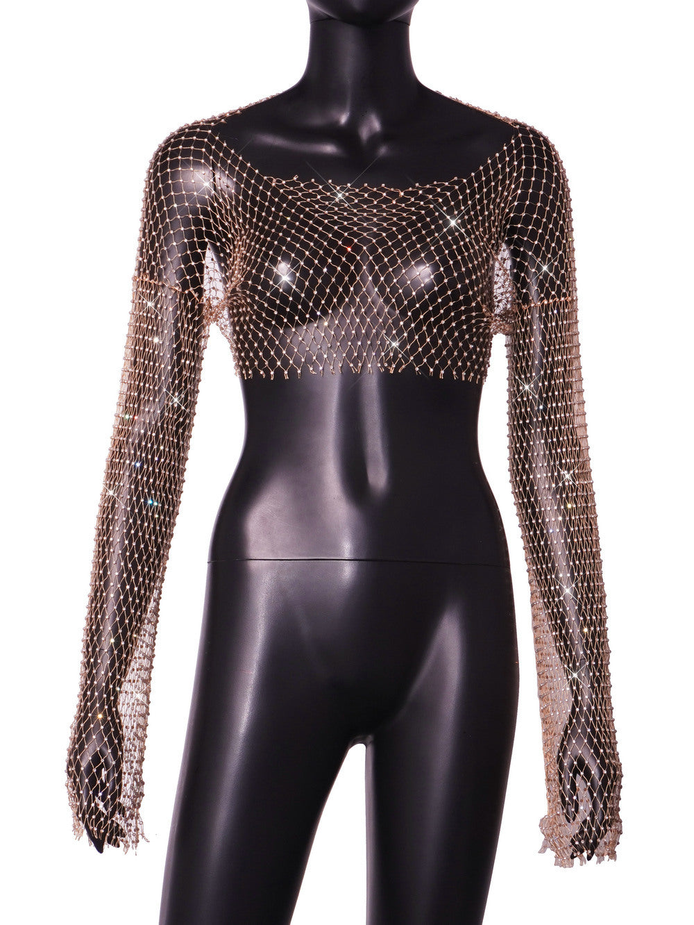 BamBam Women Sexy Hollow High Waist Bright Diamond Long Sleeve Fishnet Top - BamBam