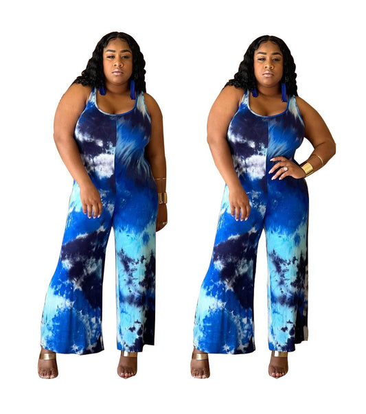 Plus Size Bodycon Low Neck Tie Dye Print Sling Wide Leg Jumpsuit