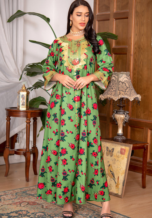 Women Spring Green Arab Dubai Middle East Turkey Morocco Floral Print Islamic Clothing Kaftan Abaya Muslim Dress