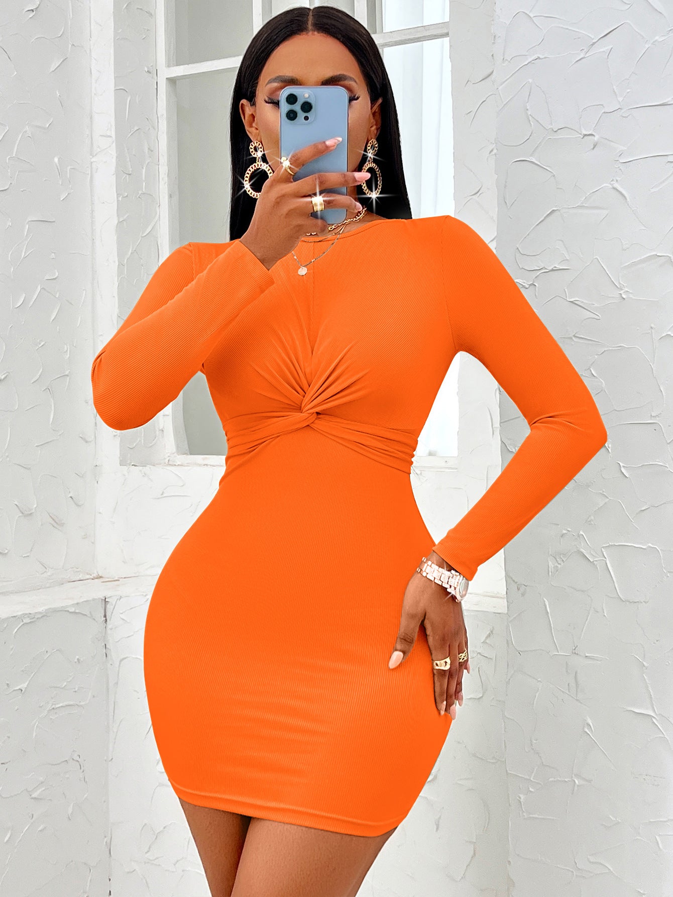 BamBam Women Sexy Casual Solid Round Neck Knot Long Sleeve Dress - BamBam Clothing