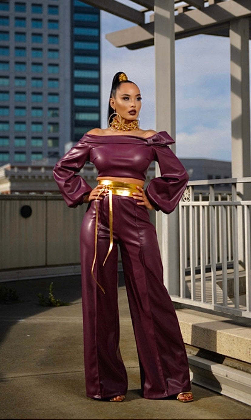 BamBam Women Style Off Shoulder PU-Leather Top and Pant two-piece set - BamBam