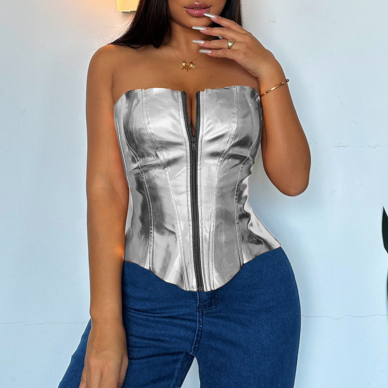 BamBam Women's Sexy Fashion Metallic Shiny Leather Strapless Chest Wrap Top Slim Vest Corset - BamBam