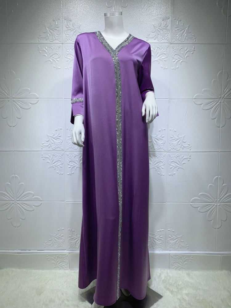 BamBam Arab Dubai Arab Middle East Turkey Morocco Islamic Clothing Kaftan Abaya Embroided Muslim Dress Purple - BamBam