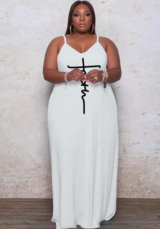 Women Summer White Casual Strap Sleeveless Letter Print Pockets Maxi Loose Plus Size Long Dress