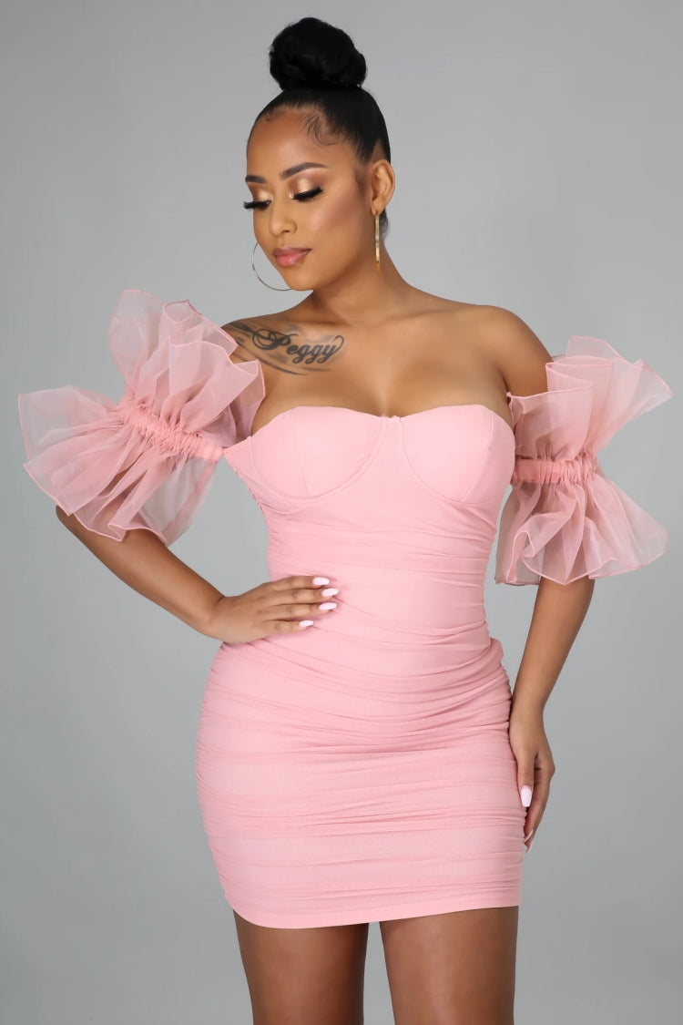 BamBam Summer Sexy Pink Puffed Lace Short Sleeve Off Shoulder Bodycon Dress - BamBam Clothing