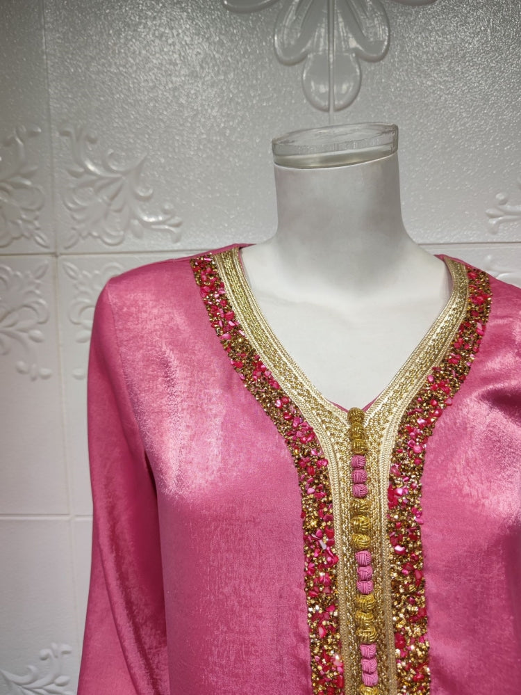 BamBam Arab Dubai Arab Middle East Turkey Morocco Islamic Clothing Kaftan Abaya Embroided Muslim Dress Rose - BamBam
