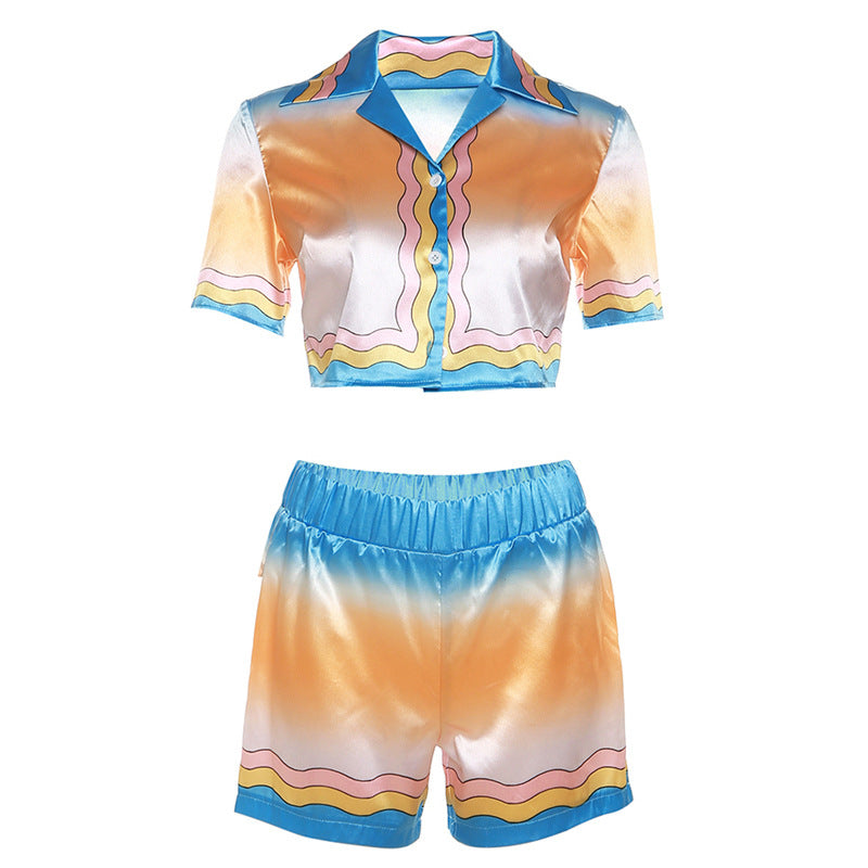 BamBam Summer Women Sexy Turndown Collar Contrasting Color Short Sleeve Top and Shorts Two-Piece Set - BamBam