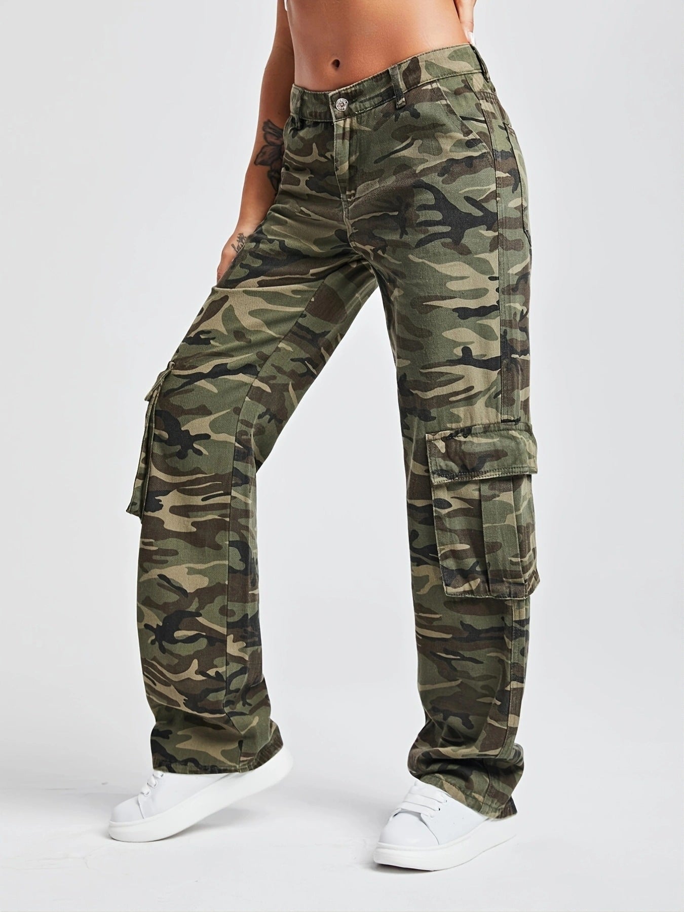 BamBam Women Camo Cargo Loose Denim Pants - BamBam