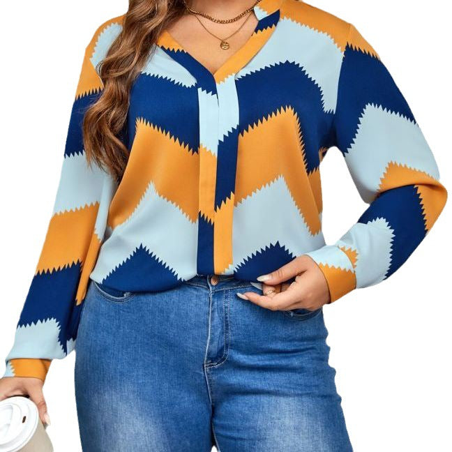 BamBam Color Block Long Sleeve V-Neck Chic Elegant Shirt Top - BamBam