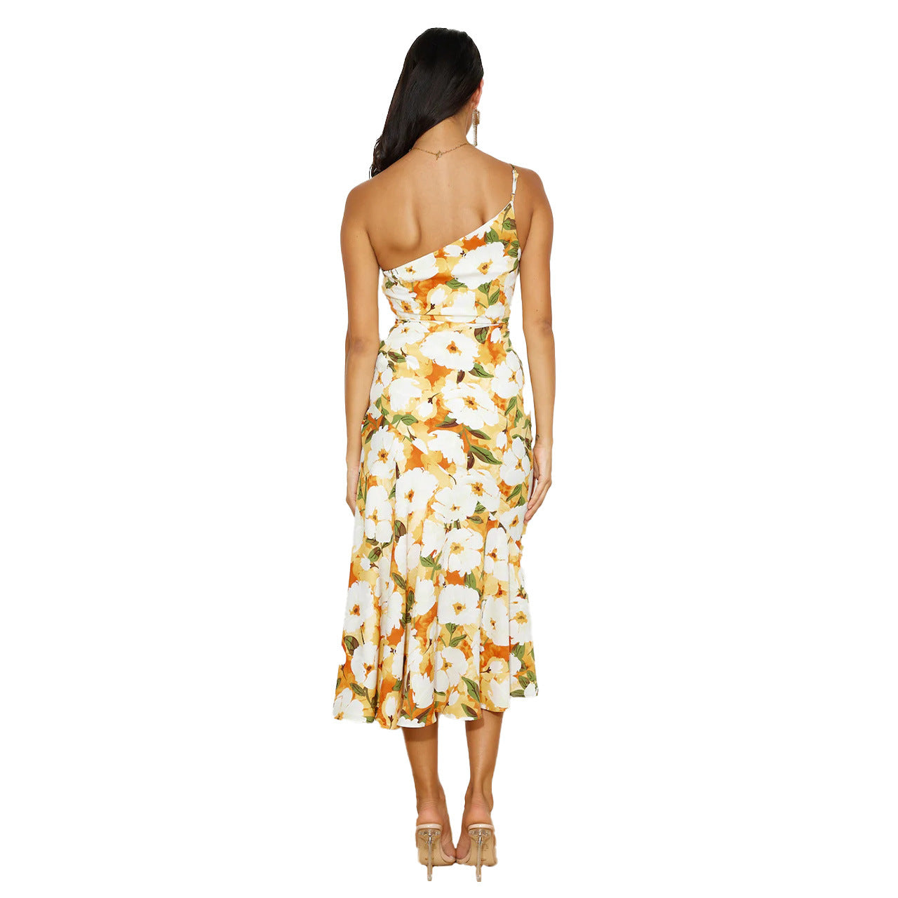 BamBam Summer Fashion Chic Slash Shoulder Sling Mermaid Print Dress - BamBam