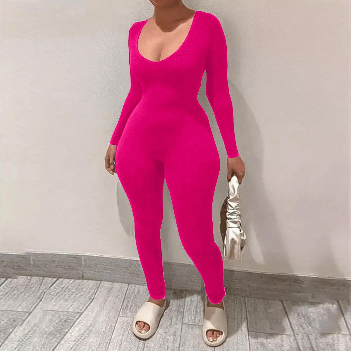 BamBam Plus Plus Size Jumpsuit Solid Slim Chic Sexy V-Neck Women's Jumpsuit - BamBam Clothing