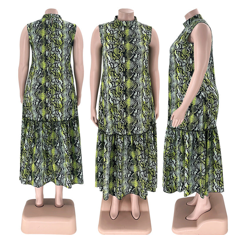 BamBam Summer Stand Collar Sleeveless Print Plus Size Women's Stylish Loose Long Dress - BamBam