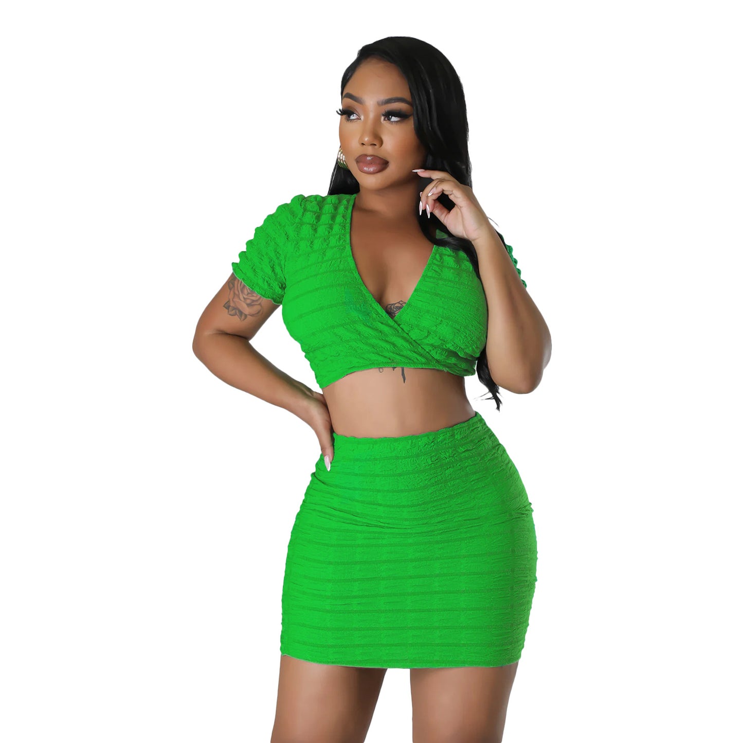 BamBam Summer women's sexy popcorn bubble two-piece skirt set - BamBam