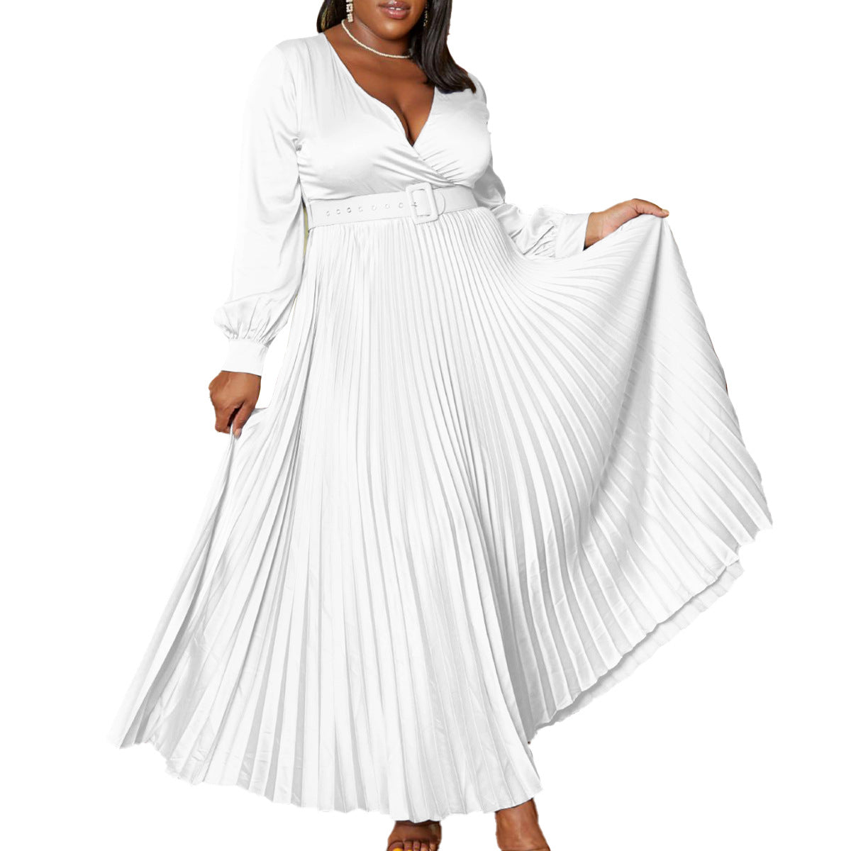 BamBam Plus Size Women's V Neck Fashion Chic Solid Color Pleated Dress - BamBam