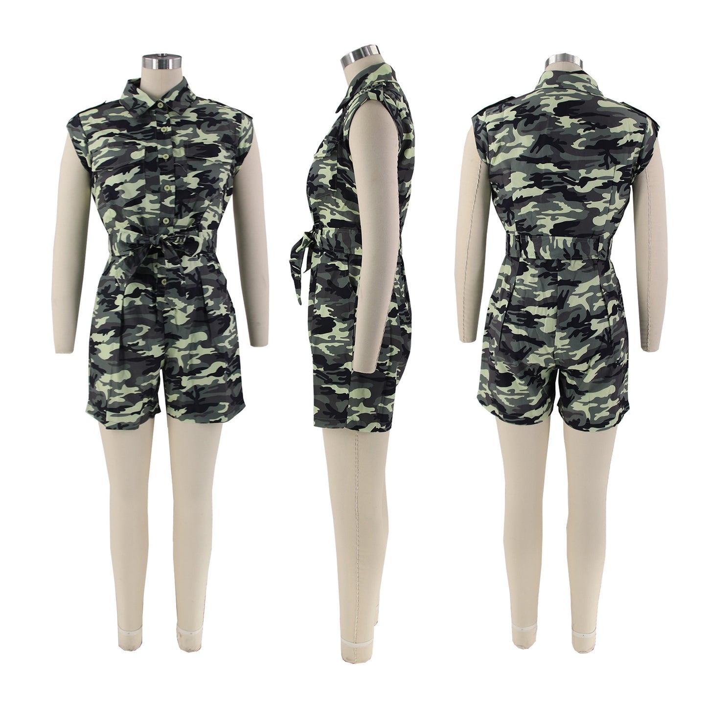 BamBam Women's Summer Overall Cargo Shorts Sleeveless Sexy Camouflage Cutout Turndown Collar Slim Fit Jumpsuit - BamBam