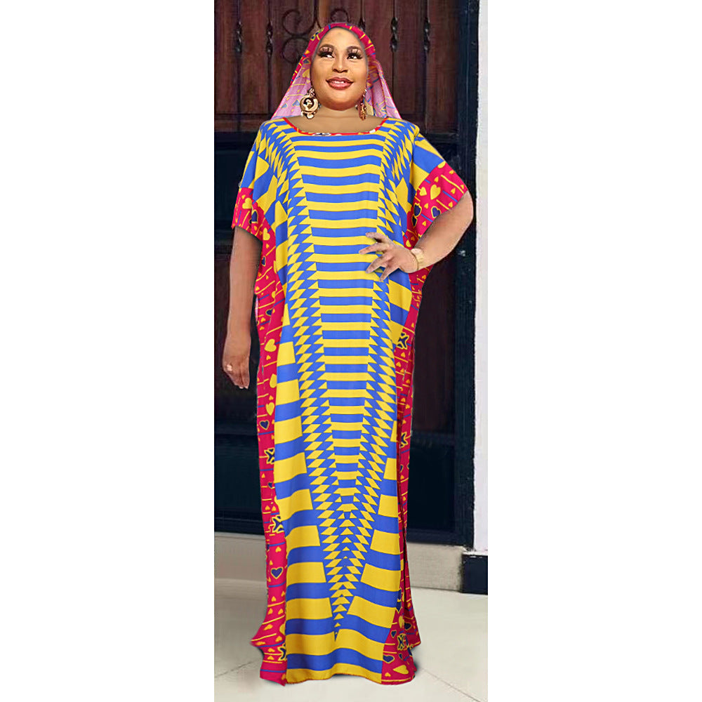 BamBam Plus Size Women Muslim African color contrast chiffon dress with hijab - BamBam