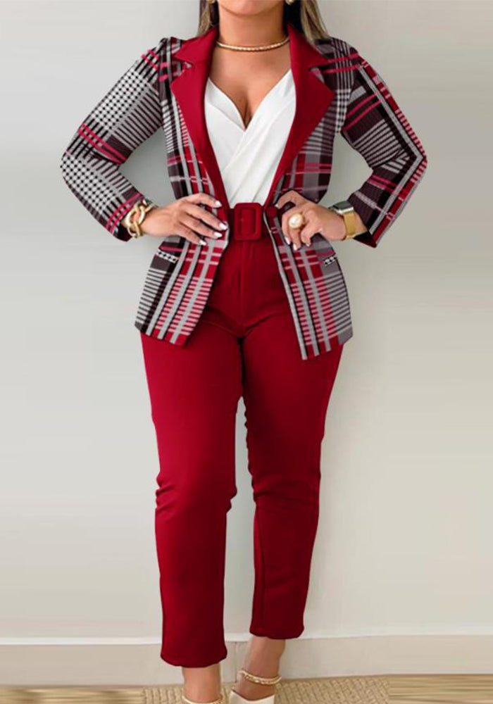 Women Printed Casual Blazer and Pant Two-Piece Set with Belt