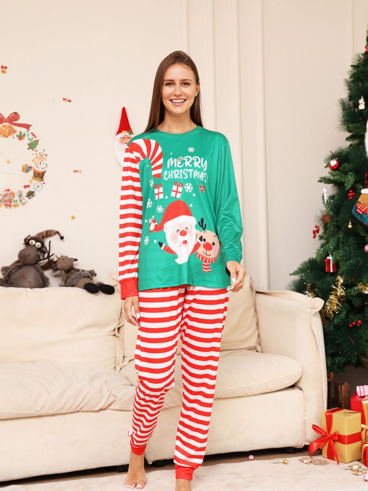 BamBam Christmas Family Wear Elderly Fawn Printed Home Clothes Pajama Two-piece Set - BamBam