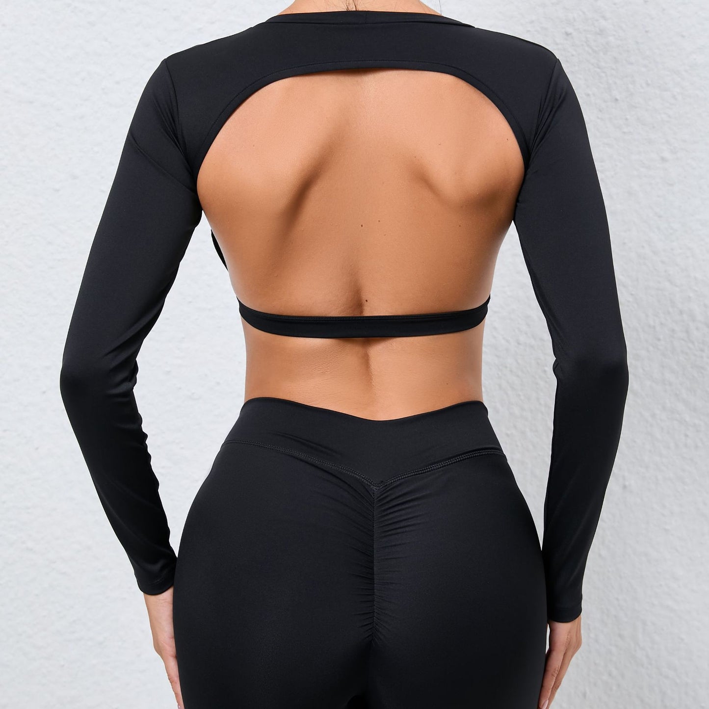 BamBam Women Backless Sports Running Quick-Drying Yoga Wear with Bra Pad Long Sleeve Top - BamBam