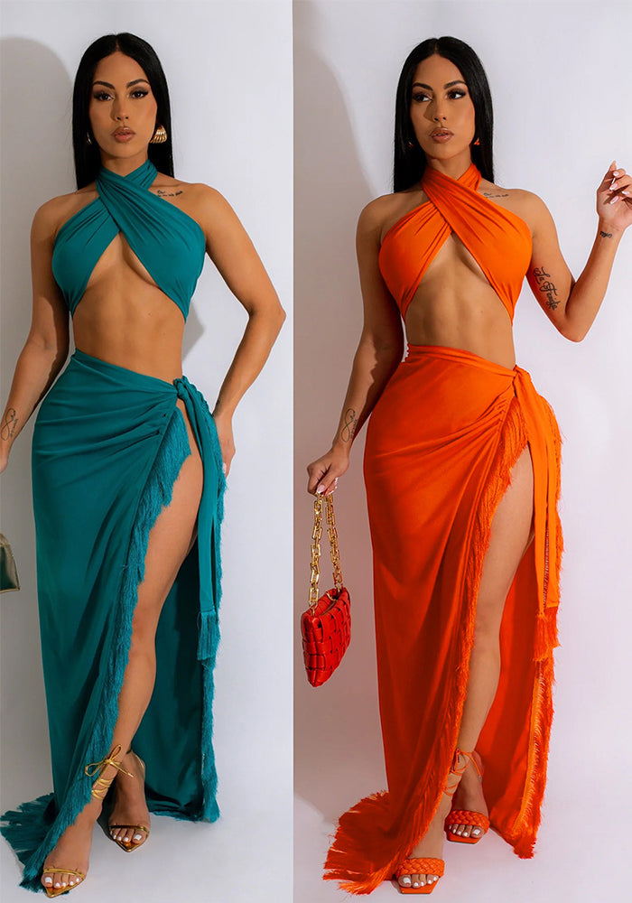 Summer Women's Sexy Wrap Breast Lace-Up Tassel Two Piece Skirt Set