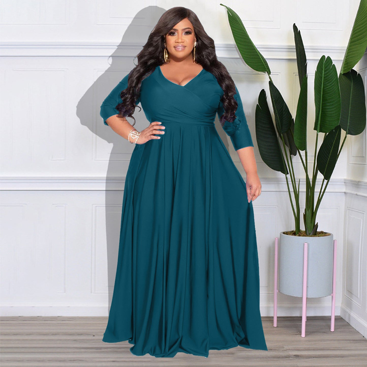 BamBam Plus Size Women's Solid Color V-Neck Sexy Long Dress - BamBam